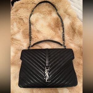 YSL Saint Laurent College large black silver full leather V-patterned